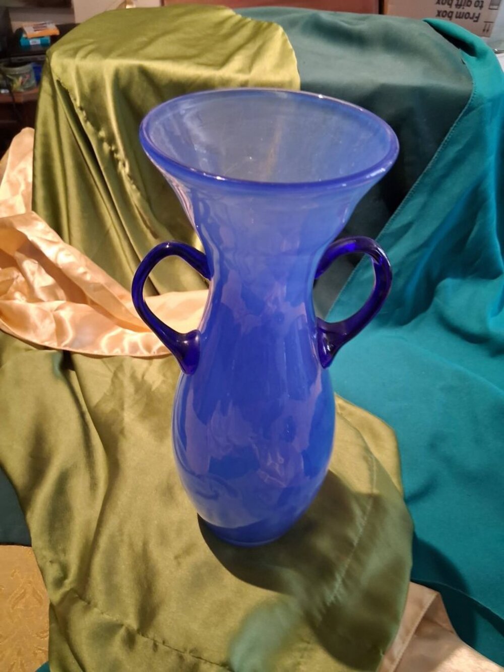 Vintage Mid-Century Cobalt Blue Art Glass Double-Handled Urn / Vase
